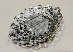 Vintage Silver Tone Filigree Cameo Brooch | Black & Ivory Resin Cameo |
