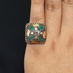Vintage 2.50ctw Coral & Malachite Gold Vermeil Adjustable Ring 14g