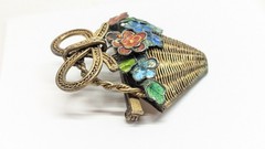Chinese Export Gold Gild Brass Silver Enamel Flower Basket Pin Brooch Vintage