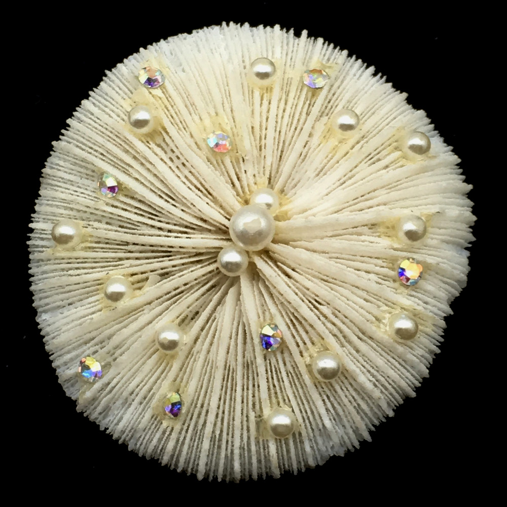 Round White Coral AB Rhinestones & Pearls Brooch Pin