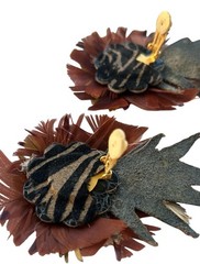 Vintage 80’s Statement Earrings Leather Feather Rhinestone Metallic Clip On Bold