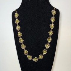 Vintage Gold Tone Necklace Filigree Petals With Lime Green Rhinestones 22”