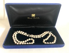 Vintage Cultured Pearl 24” Necklace With Velvet Blue Gift Case
