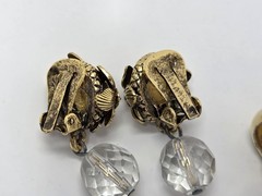 2 Pairs Vintage Gold Tone & Clear Rhinestone Clip-on Earrings Dangle Drop Style