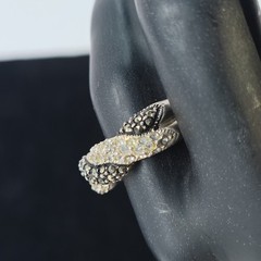 Sterling Silver Ladies Ring Marcasite & Clear CZ Pave Braided 2-tone Sz 7.5