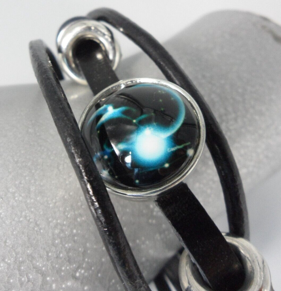 Galaxy Solar System Wrap Bracelet Leather Hematite Wood Stainless Steel Vtg 8″