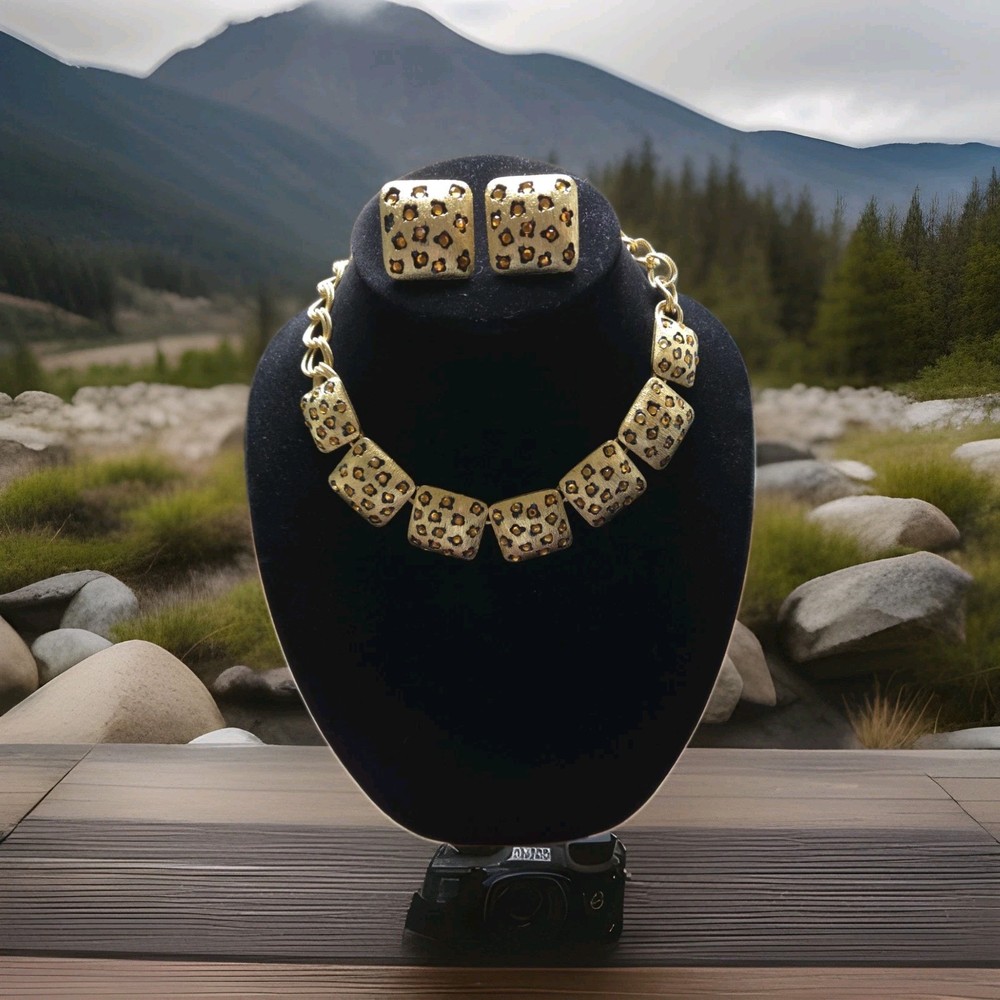 VTG Signed CRAFT Leopard Print Citrine Rhinestone Necklace & Earrings Set