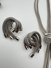 Vintage Mesh Necklace Earring Set Tassel Silver Tone Knot Lariat Clip On