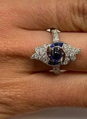Art Deco Style Lab Created Sapphire & Diamond Wedding 14k White Gold Finish Ring