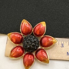 Vintage Swarovski Flower Brooch Red Enamel Black Swarovski Crystals Gold Tone