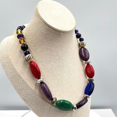 Vintage Chaps Multi-Color Bead Statement Necklace Silver Tone Boho Fashion Retro