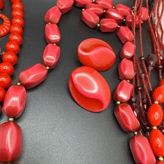 Vintage Red Pink Jewelry Lot 6 Necklaces 3 Earrings Chunky Beaded Statement