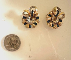 Vintage Signed Mazer Jomaz Galaxy Sapphire Glass & Rhinestone Gold Tone Earrings