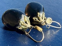 Vintage Eggplant Glass French Jet Style Dangle-Drop Earrings w Ornate Metal Caps