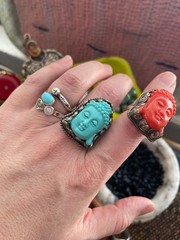 Turquoise Buddha Head Ring RESIN Adjustable Tibetan Silver Handcraft Folk Art
