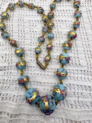 Vintage Murano Venetian Sky Blue Wedding Cake Fiorato Gold Foil Necklace 19”