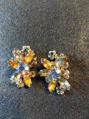 Vintage Amber And Rhinestone And Aurora Borealis Brooch Set With Clip Earrings