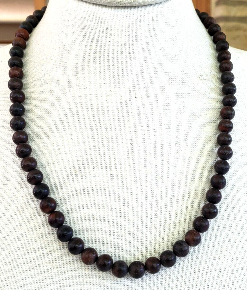 Vintage Wood Bead Necklace 24.5″ Gold Tone Spring Ring Clasp