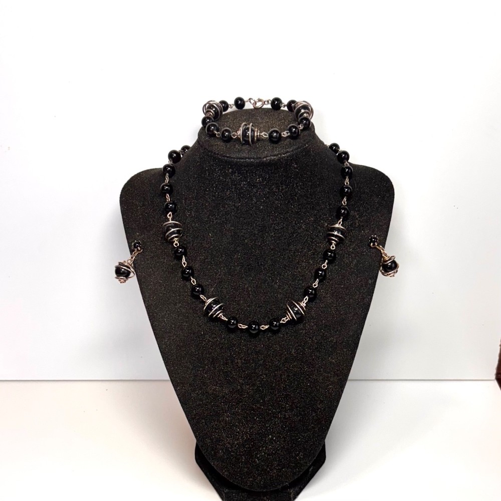 NECKLACE BRACELET EARRINGS set black acrylic metal caged screwbacks vintage