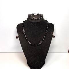 NECKLACE BRACELET EARRINGS set black acrylic metal caged screwbacks vintage