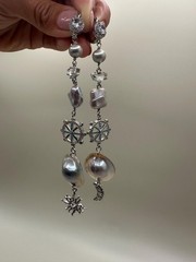 Extra Long Mabe Pearl Statement Earrings, Asymmetrical Sun Moon Dangle