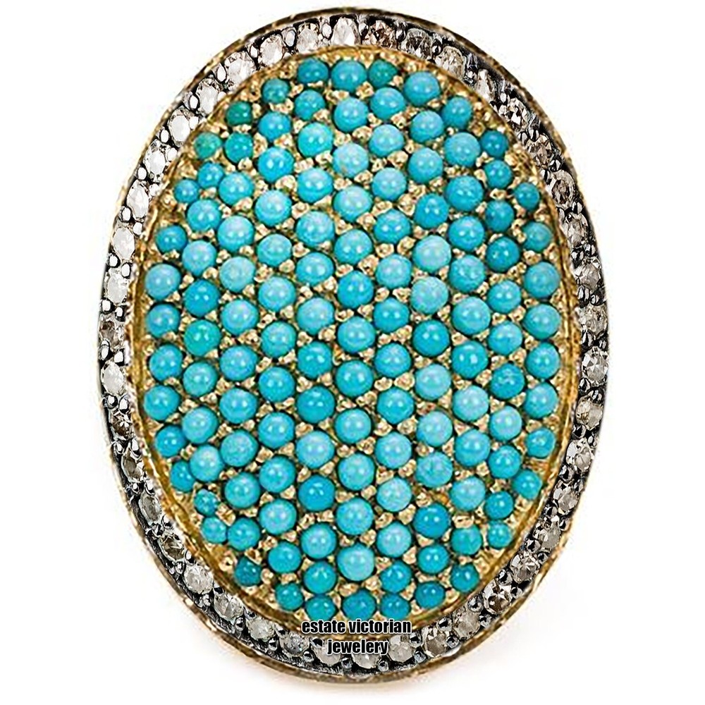 1.35ct Rose Cut Diamond Turquoise Studded Silver Victorian Gorgeous Ring Jewelry
