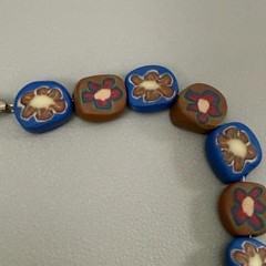 Vintage Millefiori Polymer Clay Bead Necklace Blue Brown Floral 18″