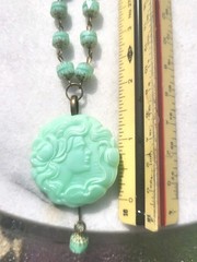 VINTAGE ART NOUVEAU LADY CAMEO URANIUM PENDANT GLASS BEAD NECKLACE SET OOAK GLOW