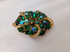 Vintage Gold Tone Green, AB Green with Clear Rhinestone Ribbons Brooch/Pin