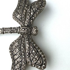 Vintage Luminous Dragonfly Brooch Silver Tone Faux Marcasite Textured Insect Pin