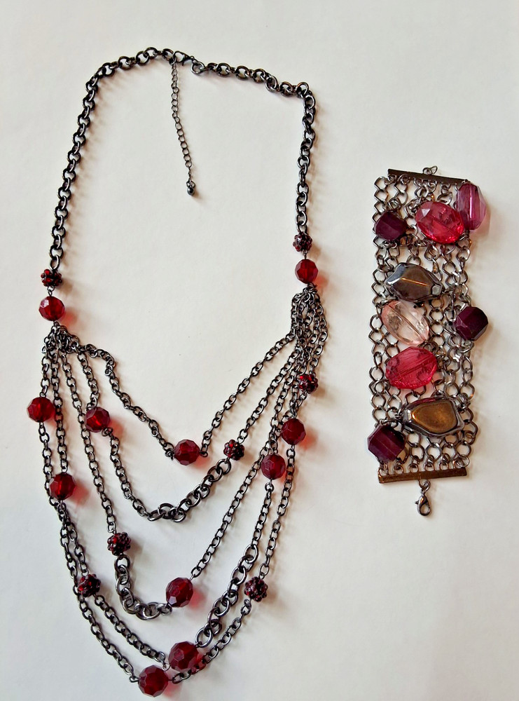 Vintage Multi Strand Tassel Necklace with Deep Red Acrylic Beads and Bracelet.