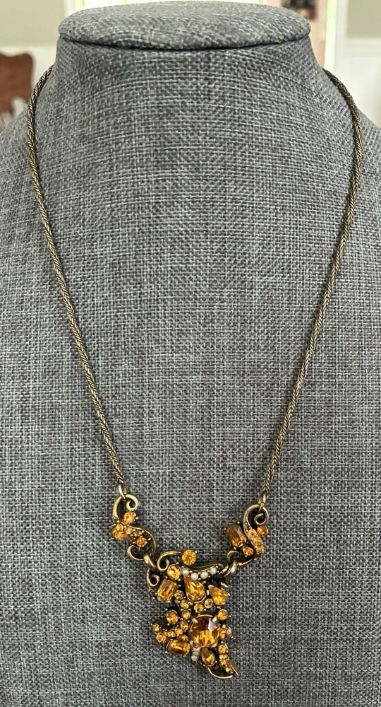 Vintage Signed Hollycraft Topaz Rhinestone Necklace Copyright 1953