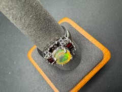 J&T Thai 925 Sterling Silver Fire Opal Ring Garnet CZ Halo Cluster Ring Sz 9.75