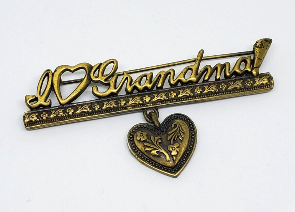 Jonette J.J. “I Love Grandma!” Antiqued Brass Bar Heart Charm Dangle Pin Brooch
