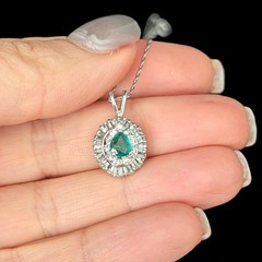 Vintage Emerald Baguette Cut Diamonds 14k White Gold Ballerina Pendant Necklace