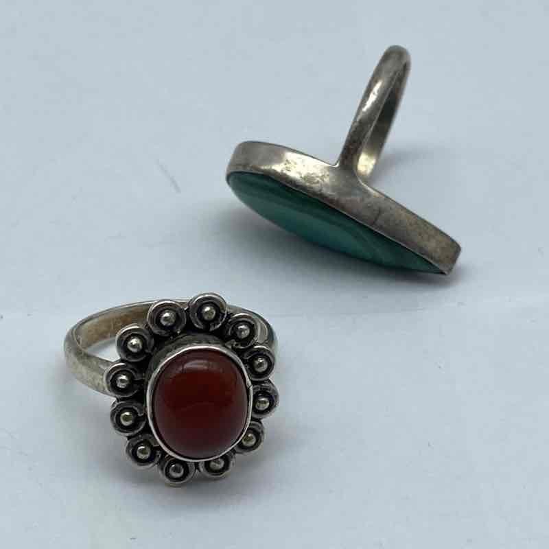 Sterling Silver 925 Malachite and Red Stone Ring Set Size 8 Vintage Style