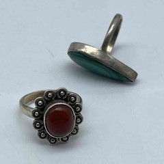 Sterling Silver 925 Malachite and Red Stone Ring Set Size 8 Vintage Style