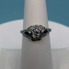 Vintage 18k Diamond and Blue Sapphire Filigree Setting Ring, Size 6