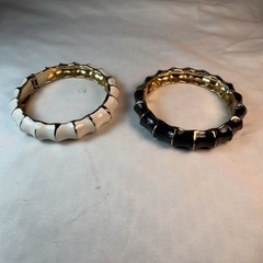 Vintage Black White Enamel Faux Bamboo Hinge Bangle Bracelet Set Gold Tone Pair