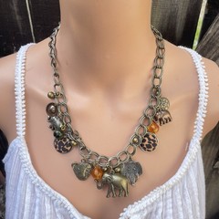 Vtg Elephant Bronze Tone Lion Charm Chunky Link Safari Statement Necklace 22″