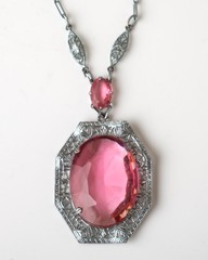 Antique ART DECO Silver Tone PINK Glass Rhodium Plated Filigree Necklace