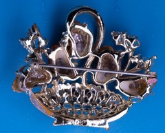 Vintage Floral Basket Brooch Silver Tone 1.75″ Amber Plastic Pin