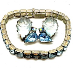 Vtg Light Blue Sapphire Pressed Glass Rose Earrings & Square Stone Bracelet 7″