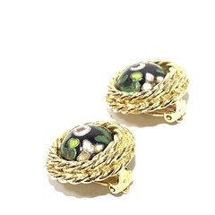 VTG FRIENDSHIP Gold Tn Clip Back Earrings Black Cloisonne Enamel Round Floral