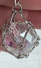 Vintage Clear Faceted Cut Crystal Pendant In Silver Tone Cage Long 30″ Necklace