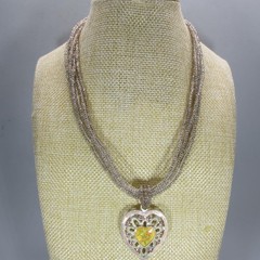 Heart Necklace Pendant Enamel Rhinestone Glass Seed Bead Multistrand 1928 18″