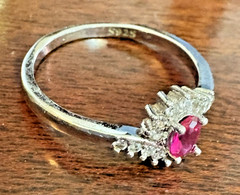 Vintage Oval Ruby & Cubic Zirconia Ring 925 Silver S12 Cocktail Halo Engagement!