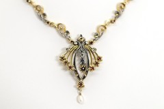 Vintage Tracht Floral 835 Silver Collier Garnet Pearl Gold-Plated, L: 40cm