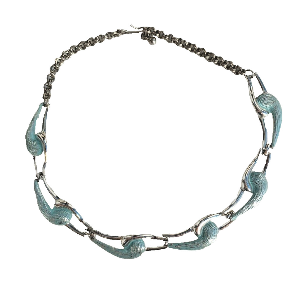 Vintage Silver Tone Choker Collar With Blue Enamel Ocean Waves 15.5″ Unsigned