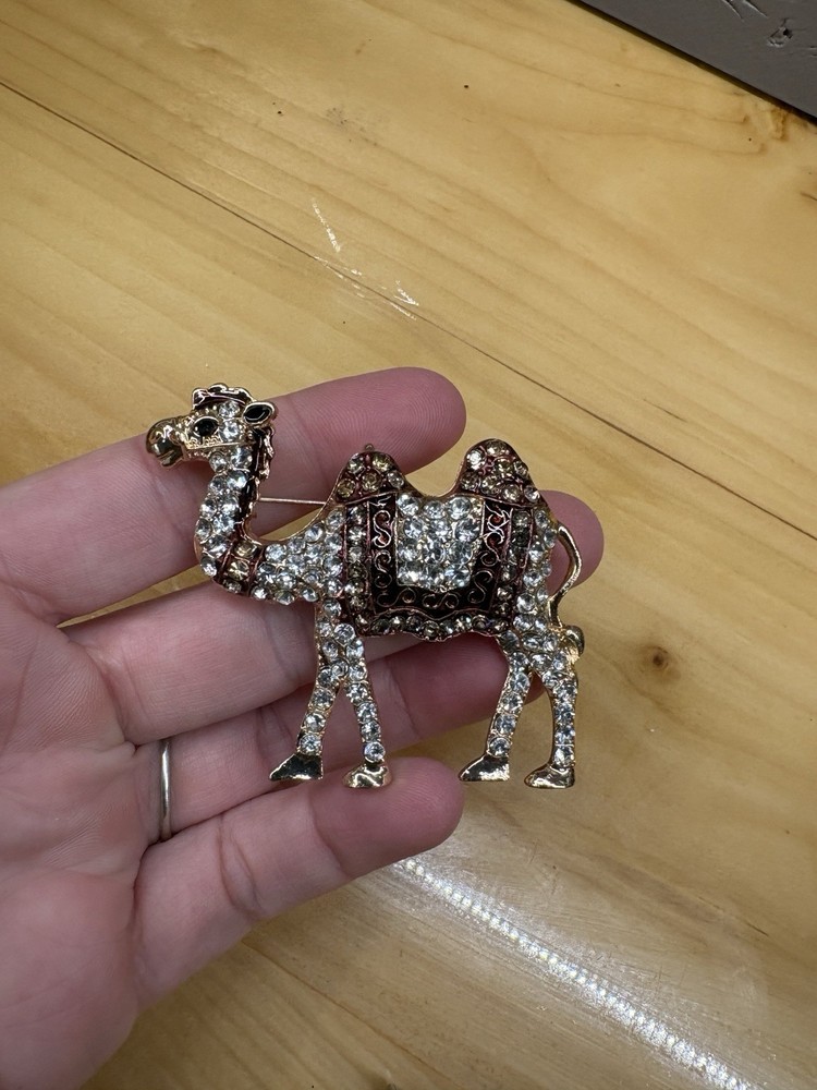 White Rhinestone Enamel Camel Brooch Pin Pendant